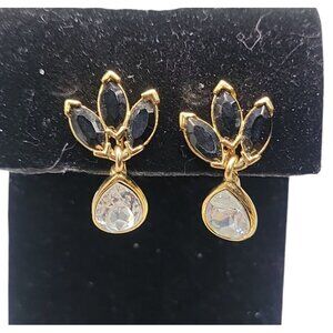 Trifari Clip On Earrings Black & Clear Dangling 1990s Vintage Gold Tone